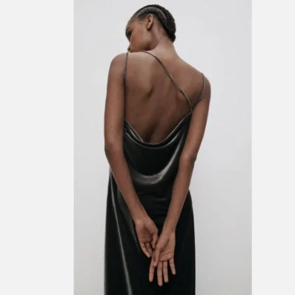 Zara Gunmetal Gray Velvet Cowl Neck Backless Strappy Midi Dress M - Picture 2 of 6